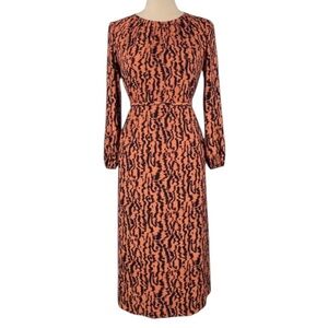 Elizabeth and James Midnight Blue and Orange Cinch Waist Long Sleeve Midi Dress